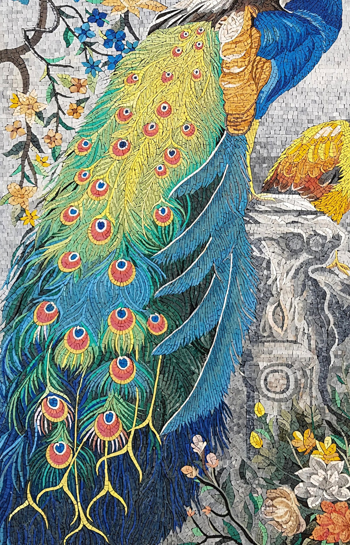 Handmade Peacock Mosaic Tile Art: Botanical Wall Decor (62” x 38")