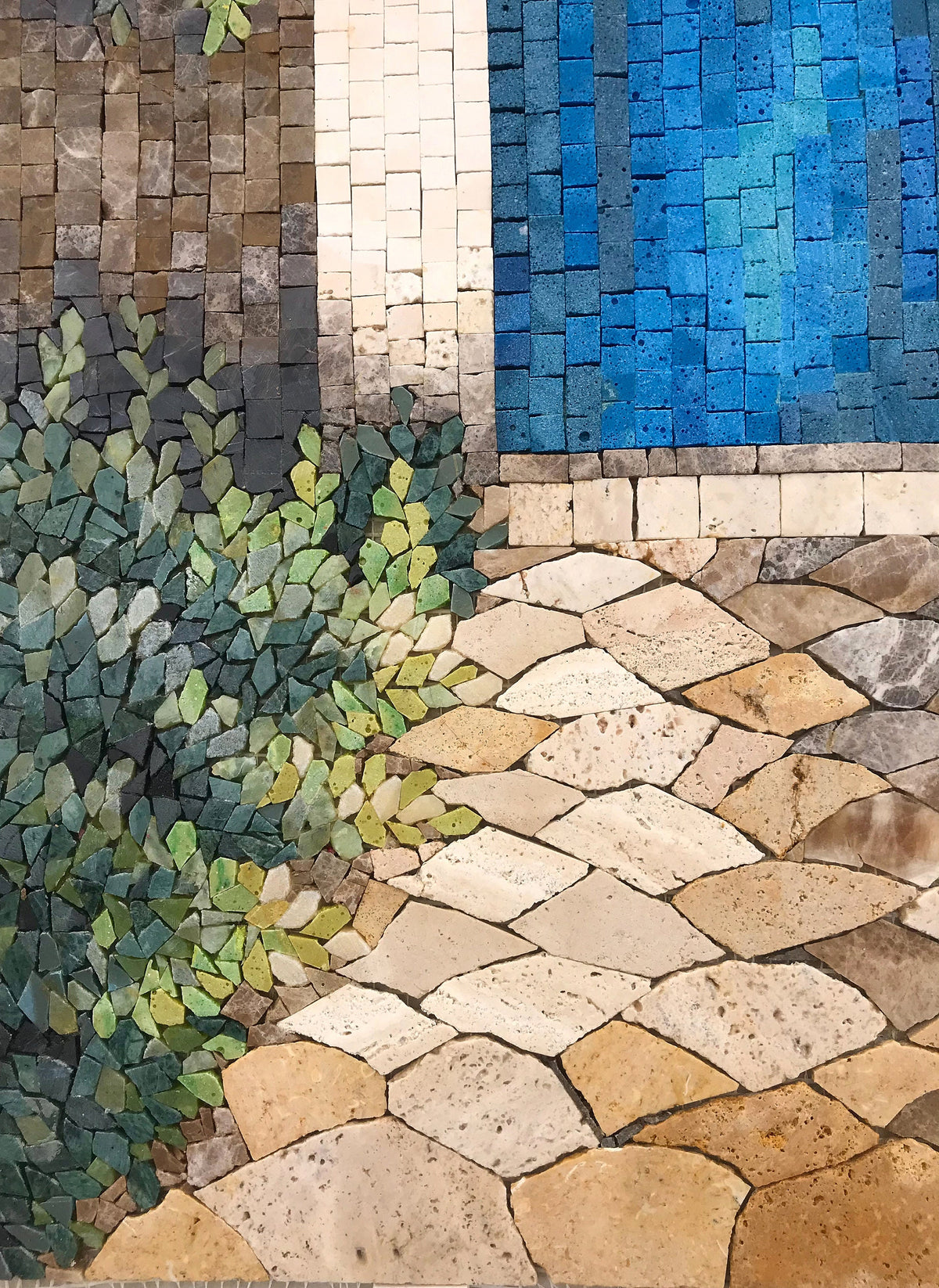 Botanical Mosaic Tile Art: Blue Door Garden Stone Wall Decor