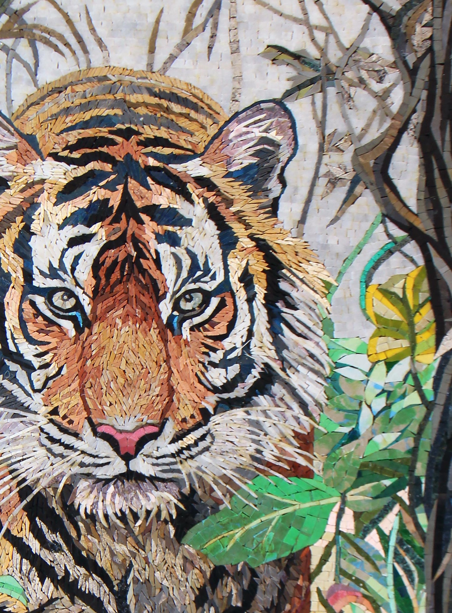 40"x28" Tiger in Leaves Mosaic Wall Art – Custom Handmade Marble Tile Artwork, Jungle Wildlife Decor, Customization Available