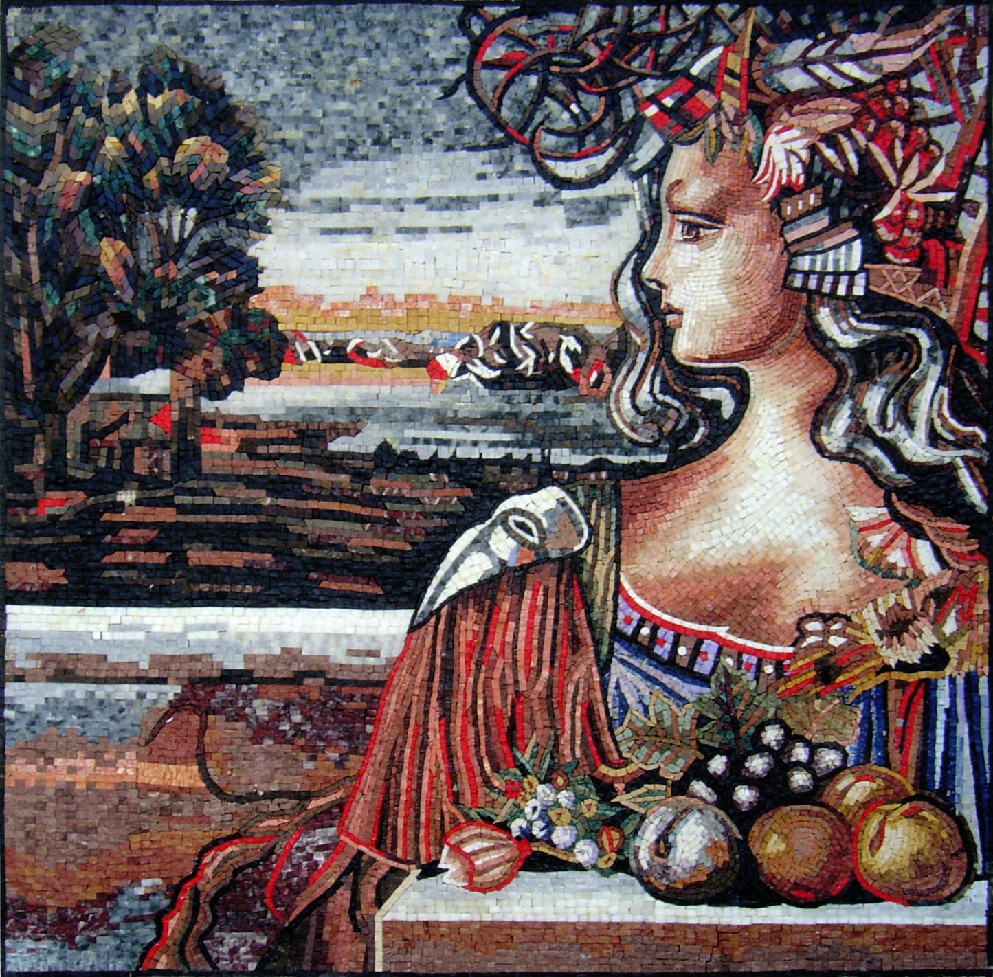 Handmade Woman Portrait Mosaic Tile Mural: Fruit & Abstract Art