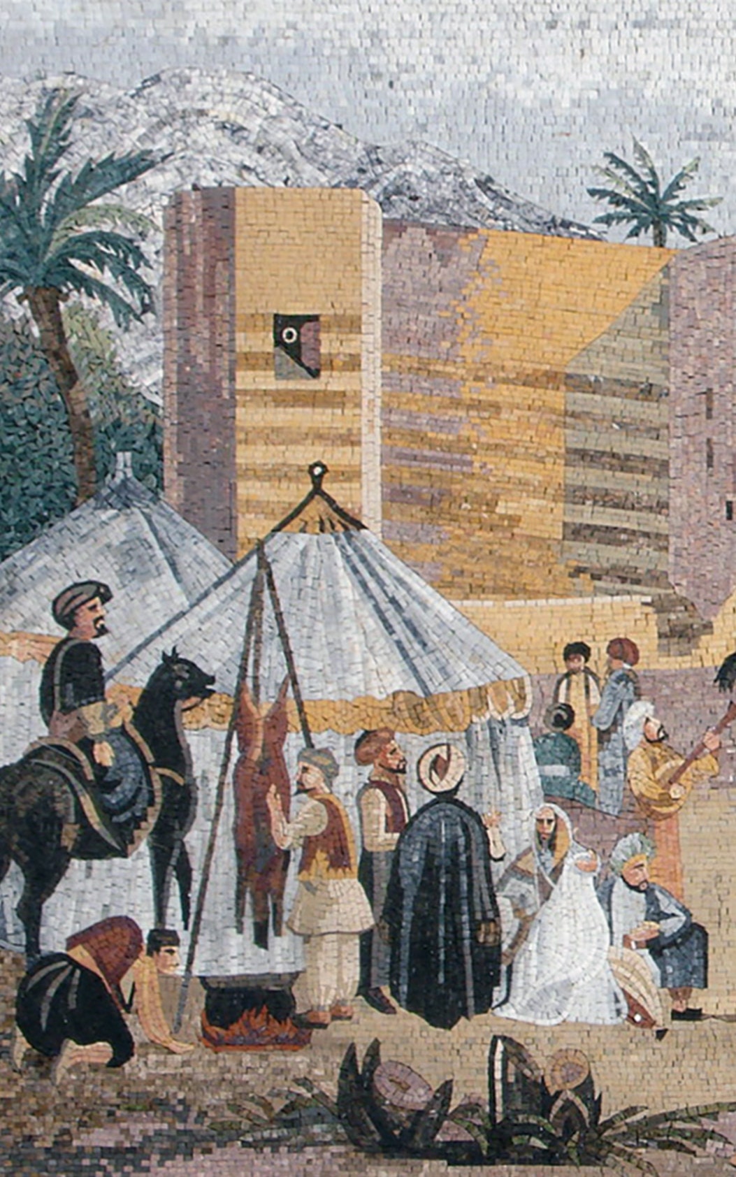 Handmade Arabian Desert Mosaic Tile Art: Castle Courtyard Scene (80” x 48”)