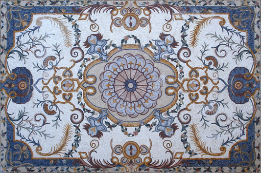 Blue & White Marble Stone Rug: Handmade Mosaic Carpet (250cm x 150cm)