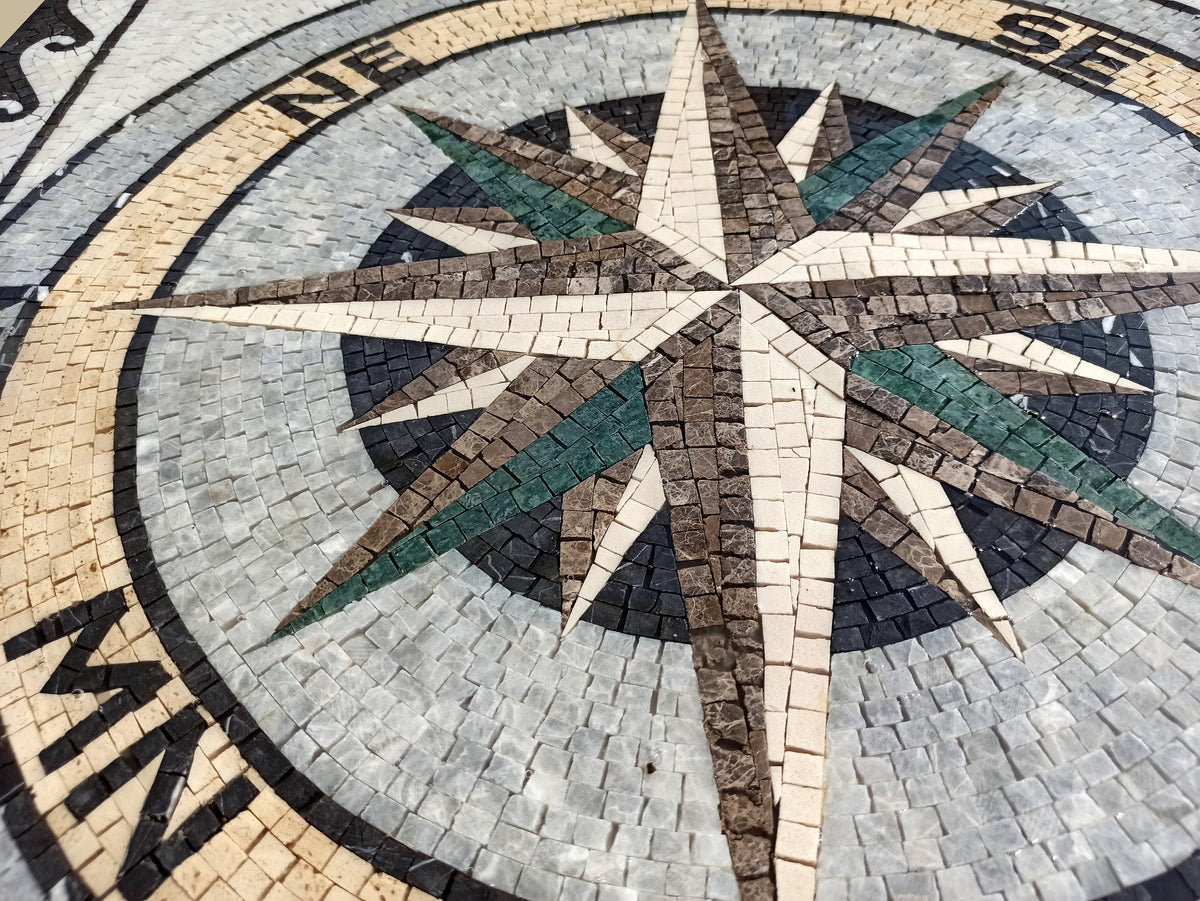 Handmade Nautical Compass Rose Mosaic Tile: Indoor/Outdoor Marble Backsplash (40”x 40")