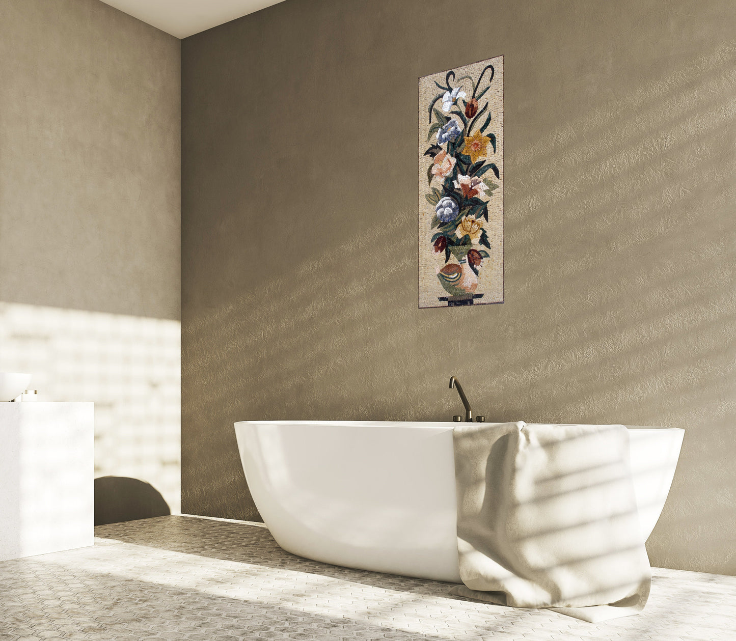 Handmade Marble Mosaic Tile: Floral Vase Interior Decor (44"x16")
