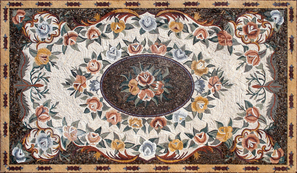 Handmade Marble Mosaic Rug: Rose Flower Design, Stone Art Decor