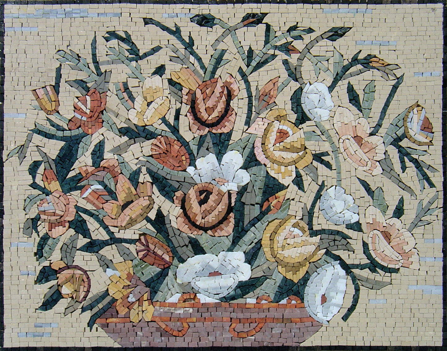 Handmade Marble Mosaic Flower Vase Wall Art - 28” x 24”