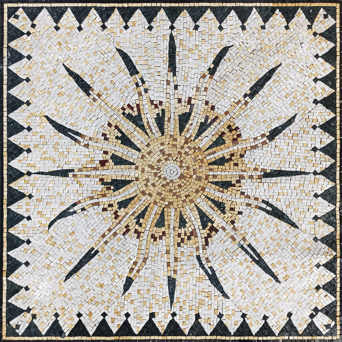 Celestial Sun Mosaic Tile Art: Handmade Marble Backsplash (32x32)