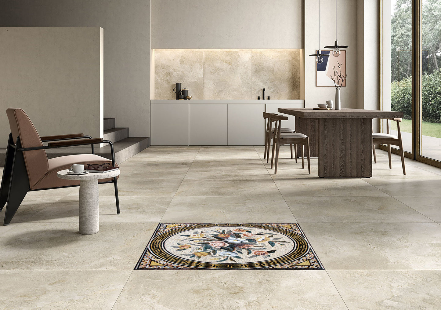 Handmade Marble Mosaic Tile: Colorful Roses, Greek Key Border (40x40)