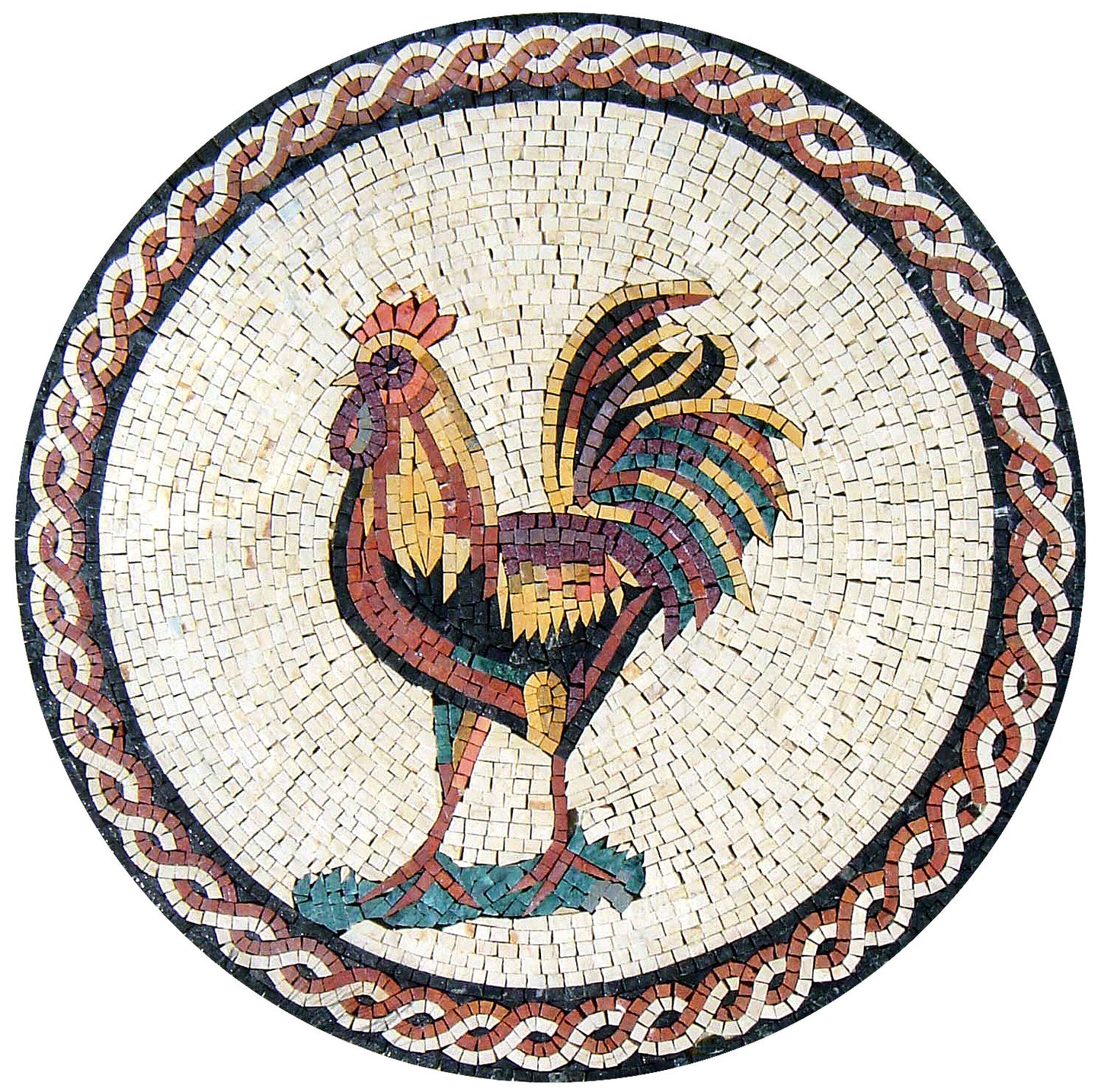 Handmade Rooster Mosaic Tile Art: Farmhouse Kitchen Decor (24" Diameter)