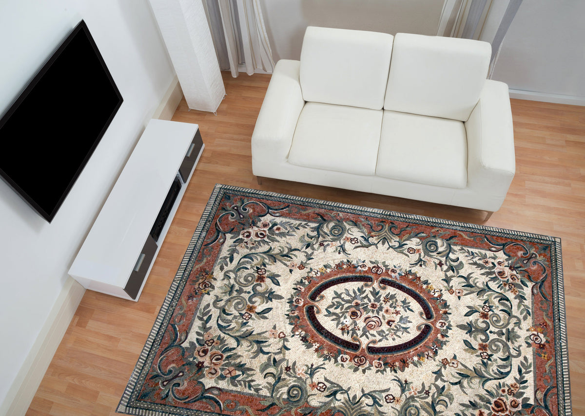 Handmade Marble Stone Mosaic Rug: Floral Art Tile Carpet (92” x 60")