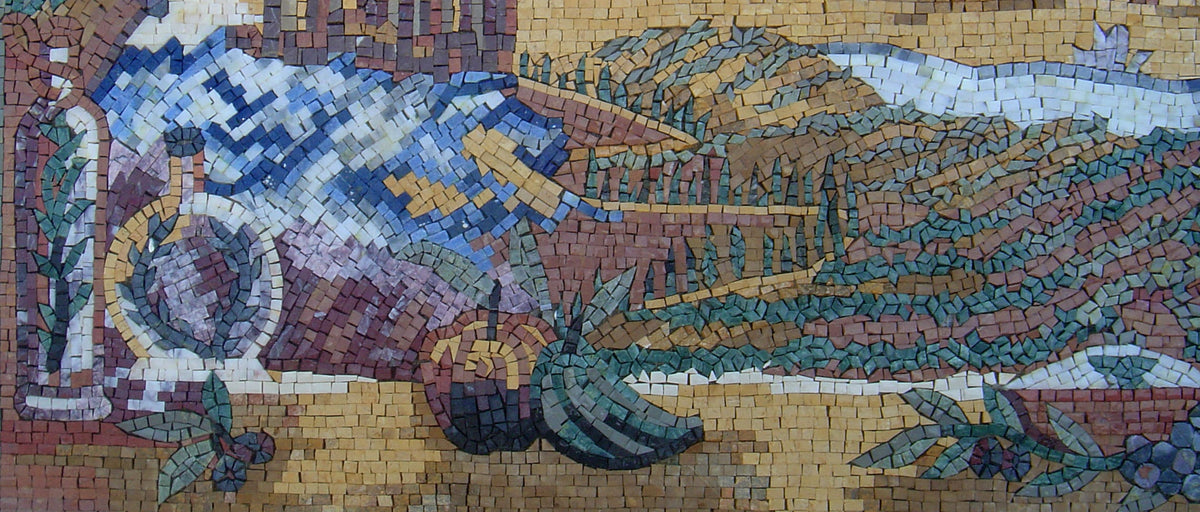 Handmade Fruit Mosaic Tile Art: Kitchen Backsplash, Stone Wall Decor (64” x 28”)
