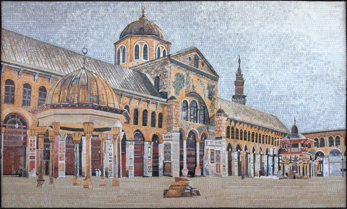 Umayyad Mosque Mosaic: Handmade Marble Tile Mural (80” x 48”)