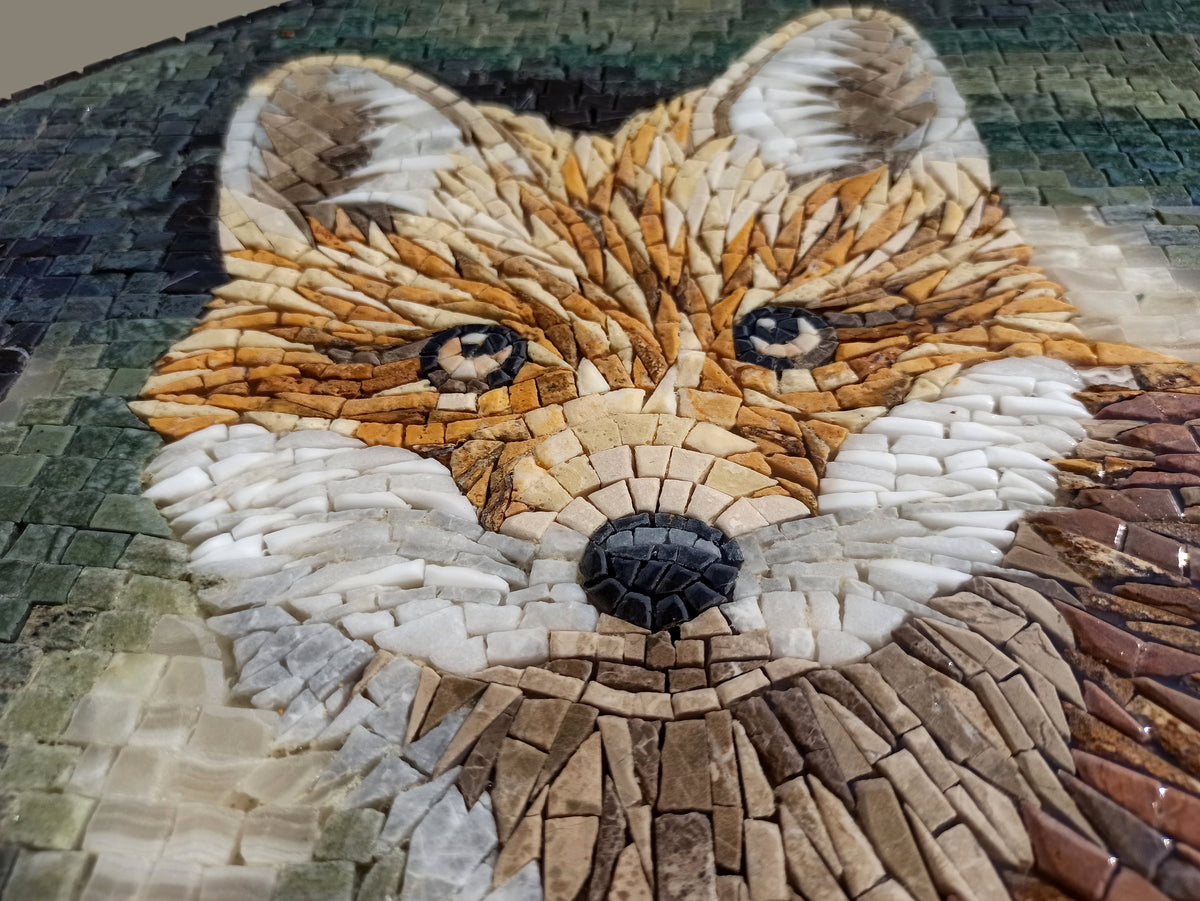 Handmade Fox Mosaic Tile Art: Round Marble Medallion (32" Diameter)