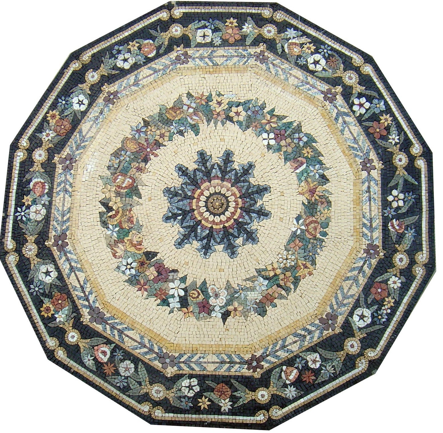 48-Inch Handmade Marble Mosaic Medallion: Floral Art Tile Decor