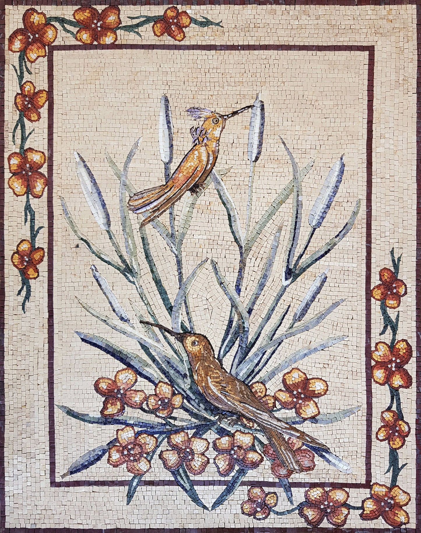 Kingfisher Birds Mosaic Marble Wall Art: Handmade Indoor Mural