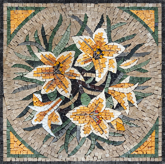 Handmade Marble Mosaic Flower Art: Yellow & White Lilies (20x20)