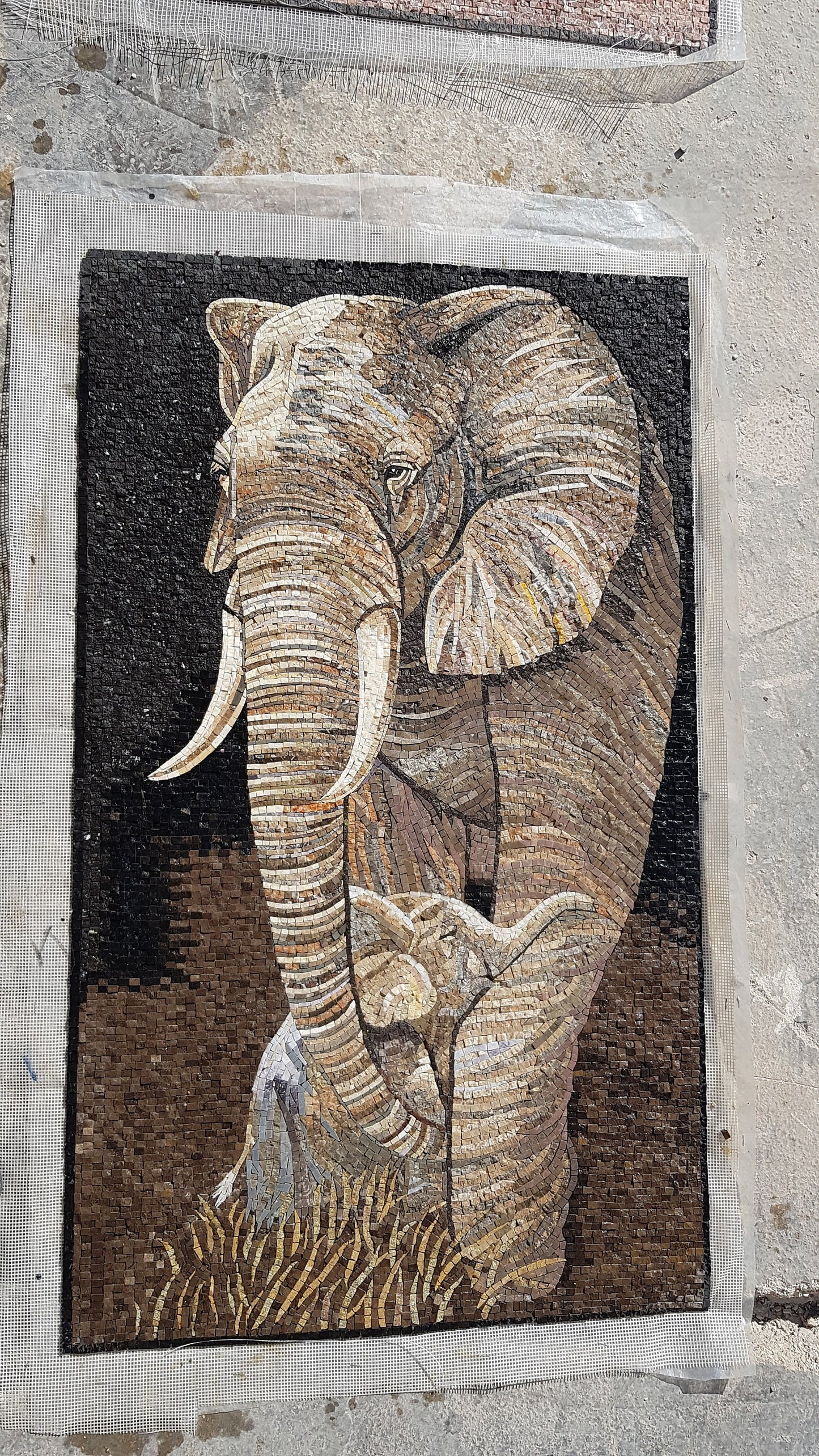 Handmade Elephant and Baby Marble Mosaic Tile Art (40x24 in)