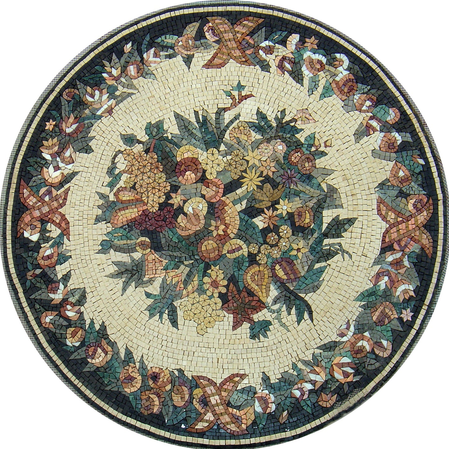 Floral Marble Mosaic Medallion - 40-Inch Handmade Art Tile