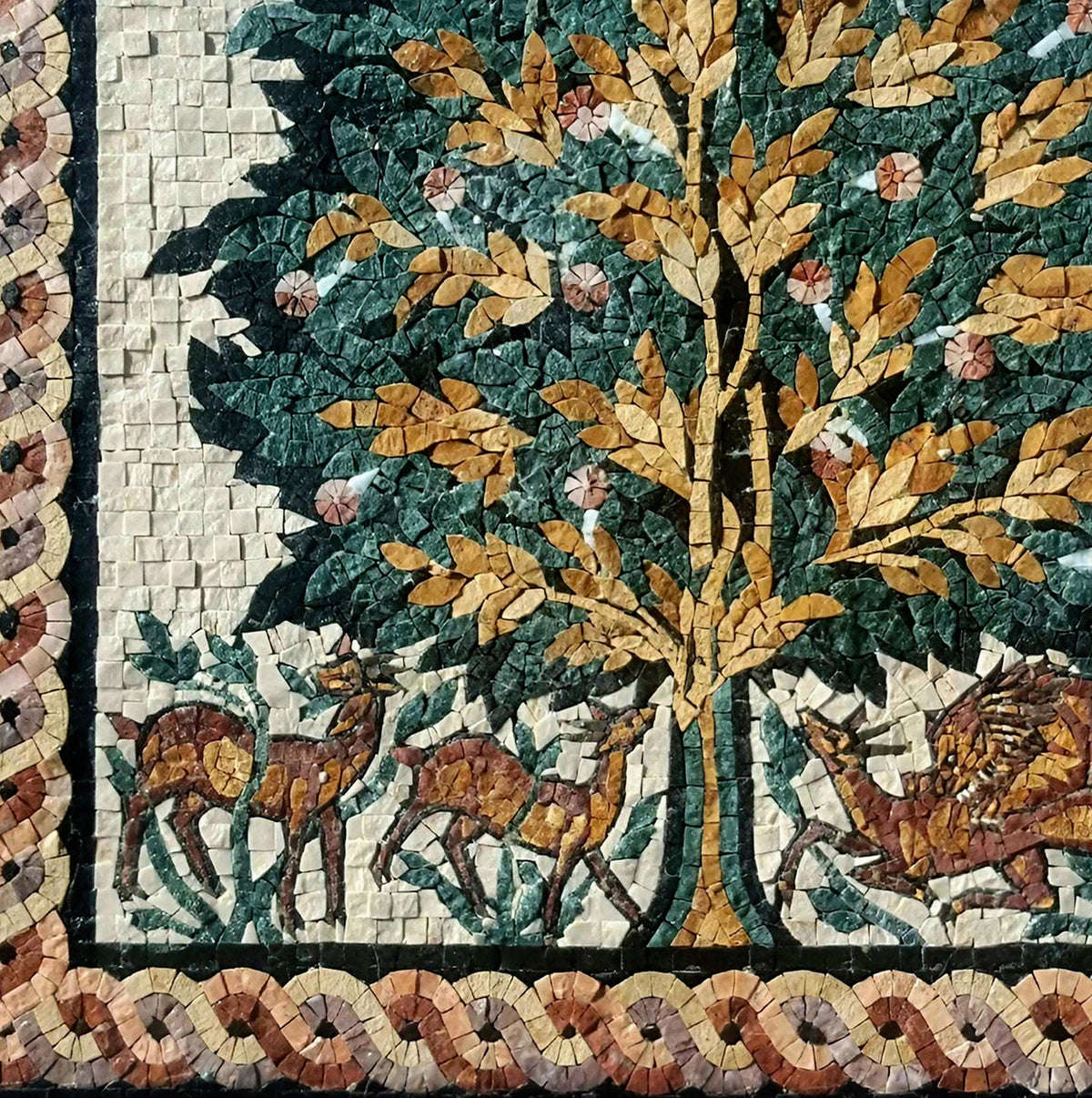 Tree of Life Marble Mosaic Art: Lion & Deer Mural (20" x 20")