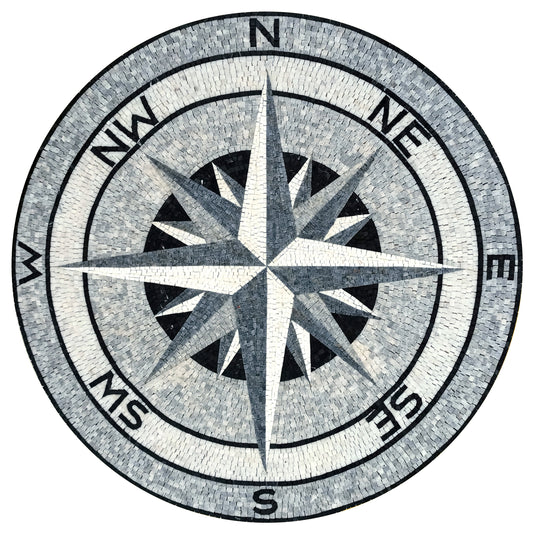 Handmade Nautical Compass Mosaic Tile Medallion (32" Diameter)