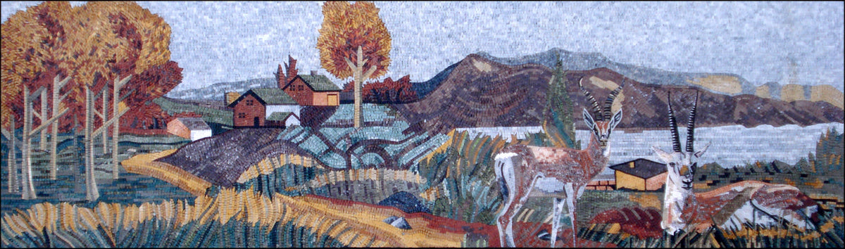 Handmade Deer Mosaic Tile Art: Marble Stone Gazelle Landscape