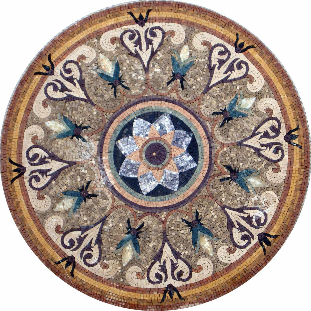 Handmade Floral Mosaic Medallion Art Tile - 36" Elegant Home Decor