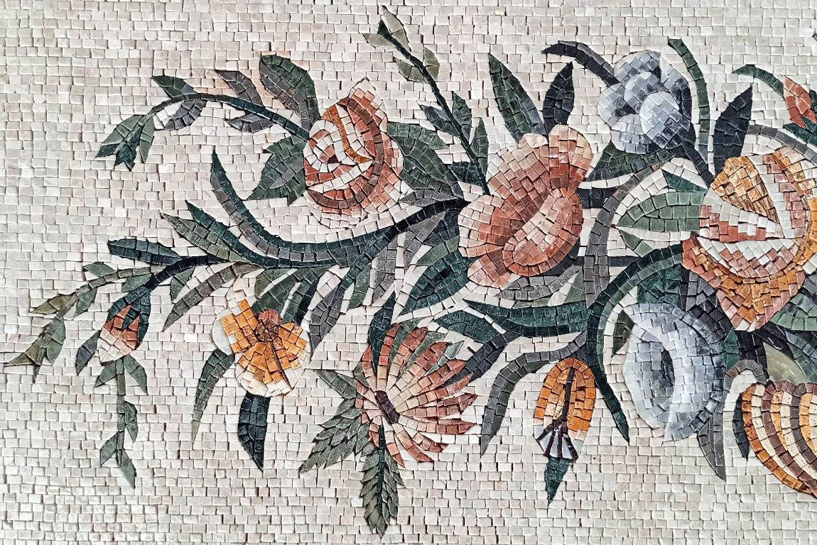 Handmade Rose Marble Mosaic Art: Flower Vase Wall Decor (72” x 24")