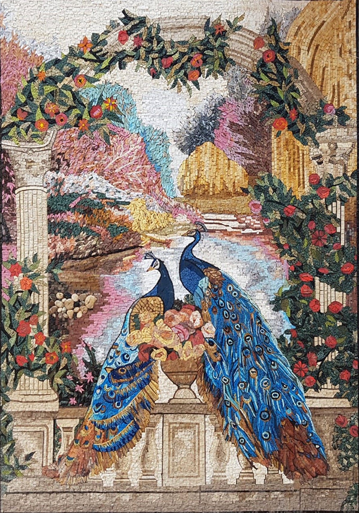 Handmade Peacock Mosaic Tile Art: Botanical Floral Wall Decor (56” x 40")