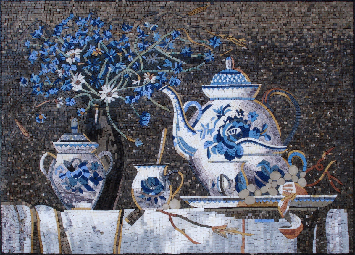 Blue Teapot Mosaic Art: Handmade Kitchen Backsplash Tiles (44” x 32")