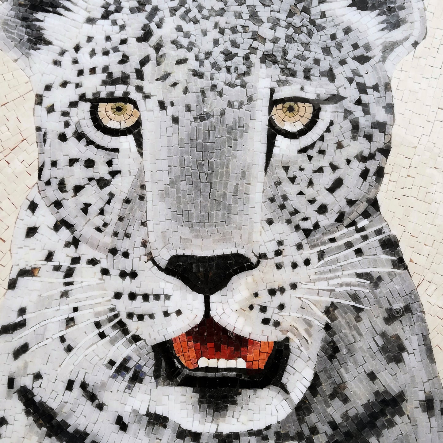 Snow Leopard Mosaic Tile: Handmade Marble Animal Wall Art (36" Di)