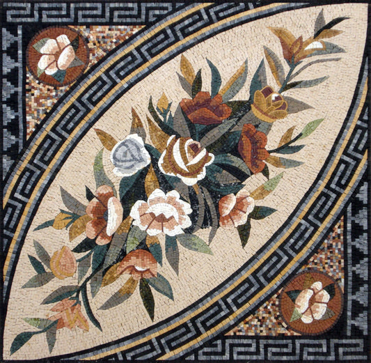 Handmade Marble Mosaic: Floral Bouquet Art, 40" Kitchen Wall Decor