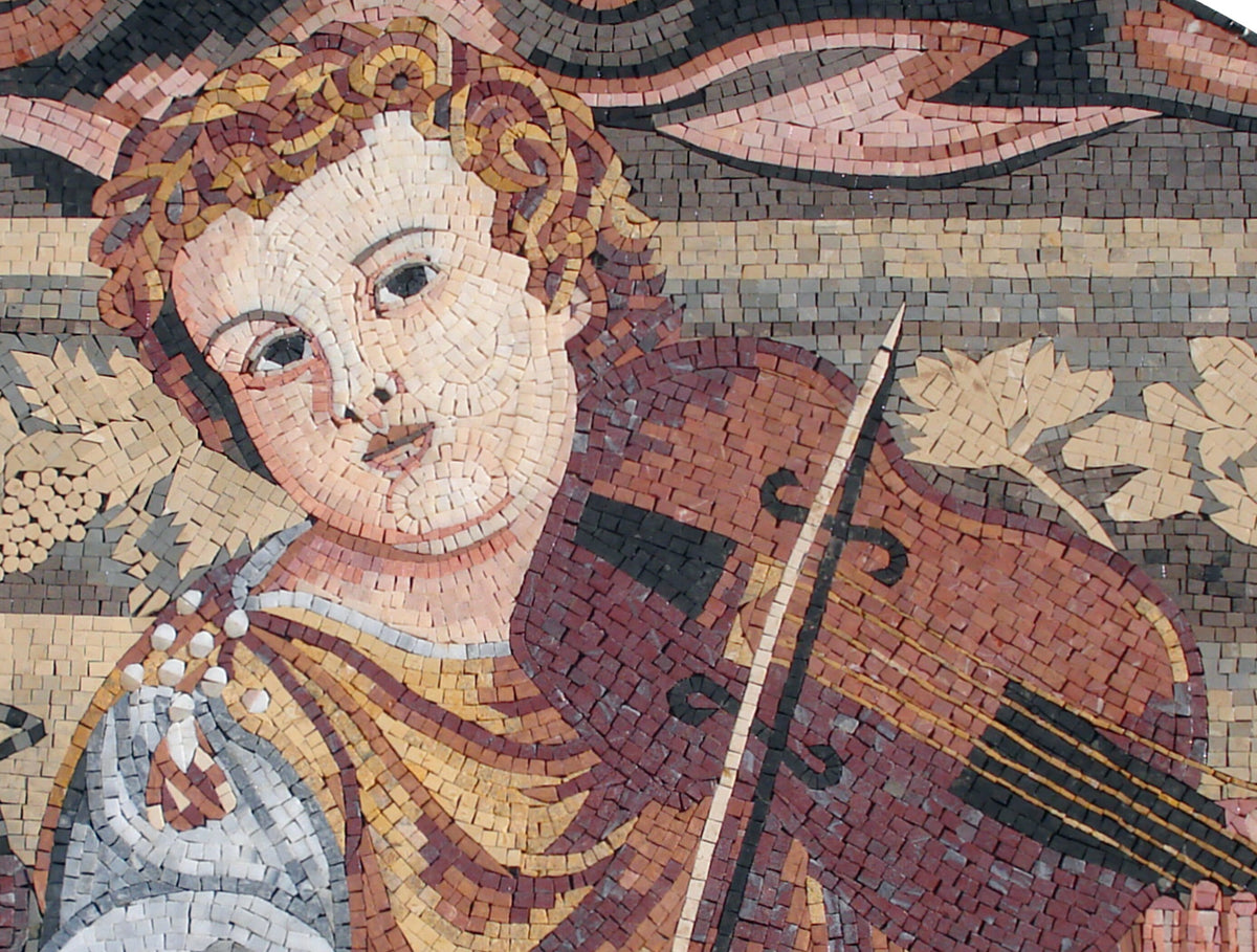 Handmade Marble Mosaic Mural: Child Playing Violin, Indoor/Outdoor Wall Art (52” x 32")