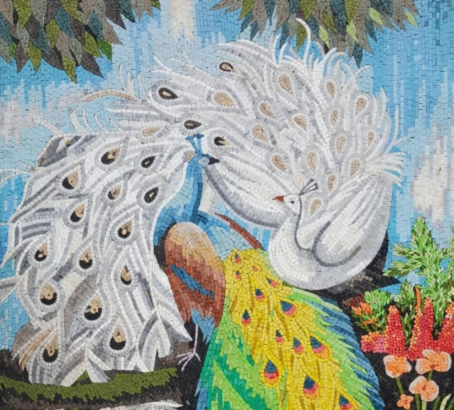 Handmade Peacock Mosaic Mural: Marble Tile Artwork (52” x 40")