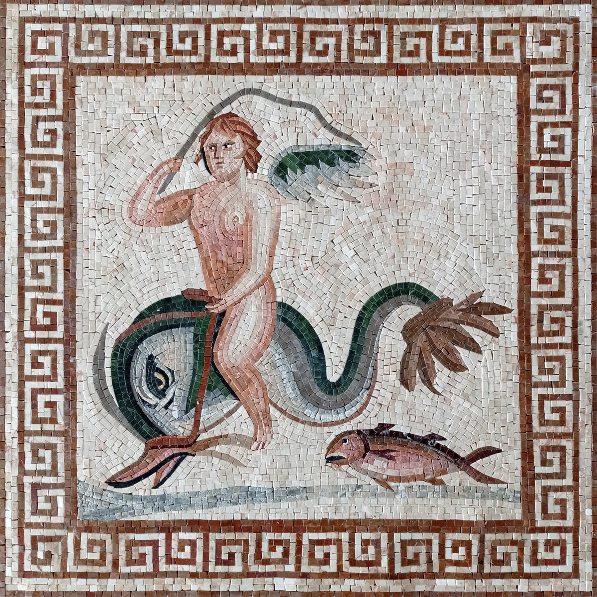 Handmade Eros Mosaic Mural: Greek God on Dolphin, Roman Art Tile (32x32)