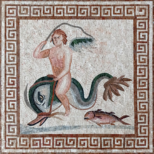 Handmade Eros Mosaic Mural: Greek God on Dolphin, Roman Art Tile (32x32)