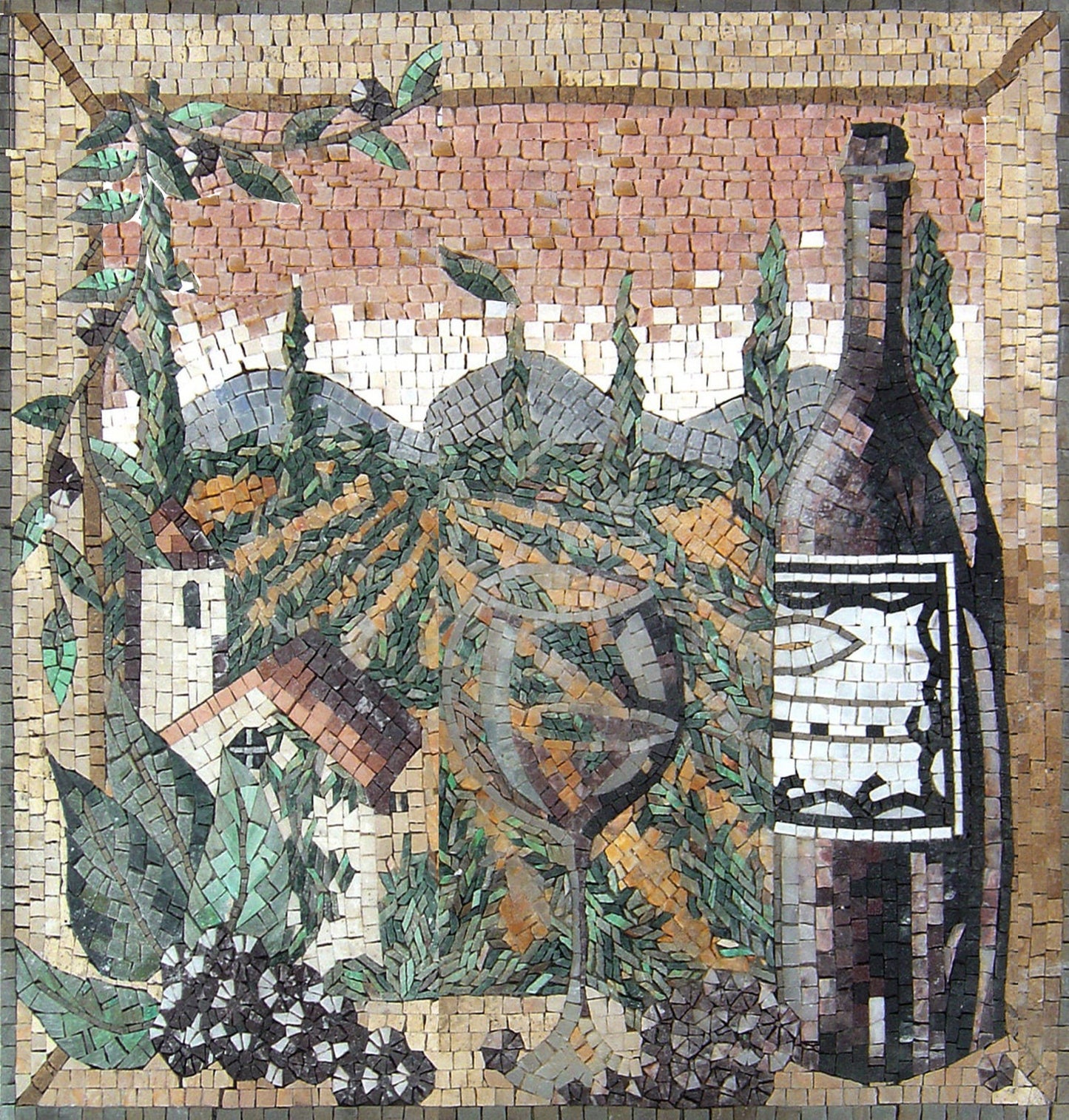 Handmade Marble Mosaic Backsplash: Wine Country Kitchen Wall Art