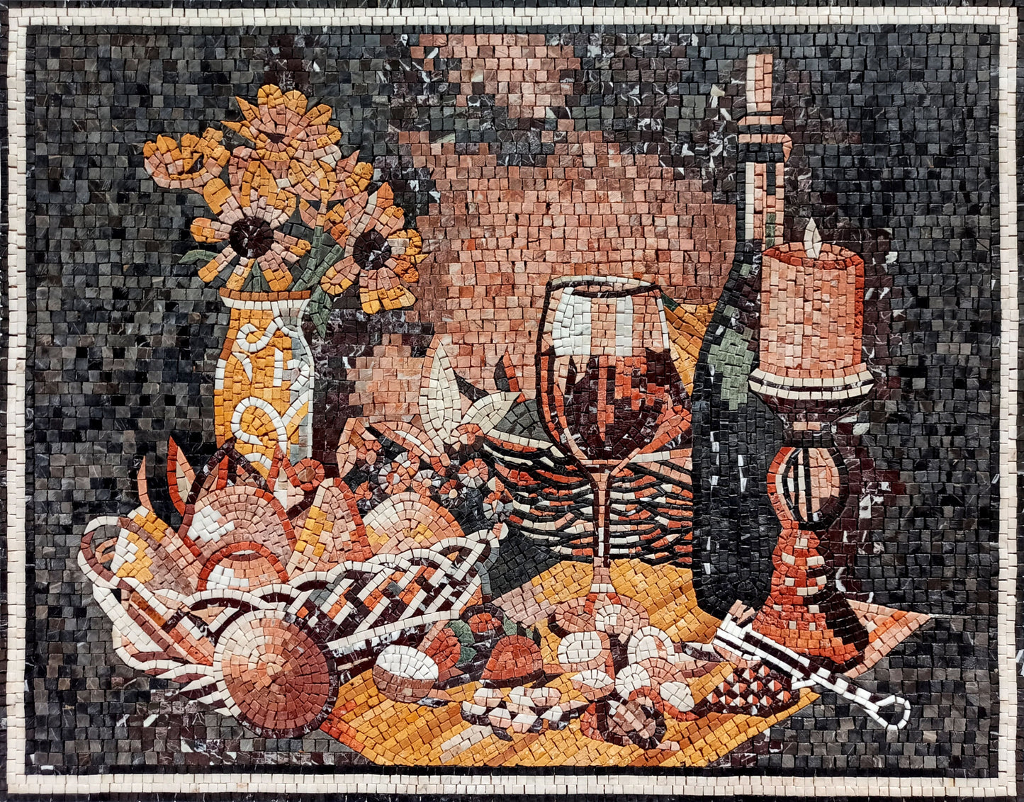 Handmade Still Life Mosaic: Fruit Basket, Sunflower, Candlelit Backsplash