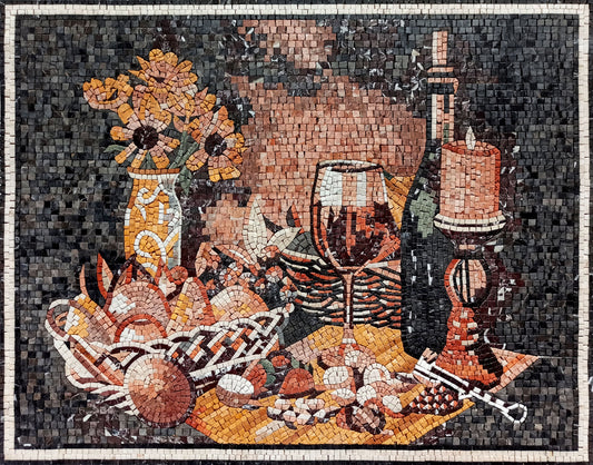Handmade Still Life Mosaic: Fruit Basket, Sunflower, Candlelit Backsplash