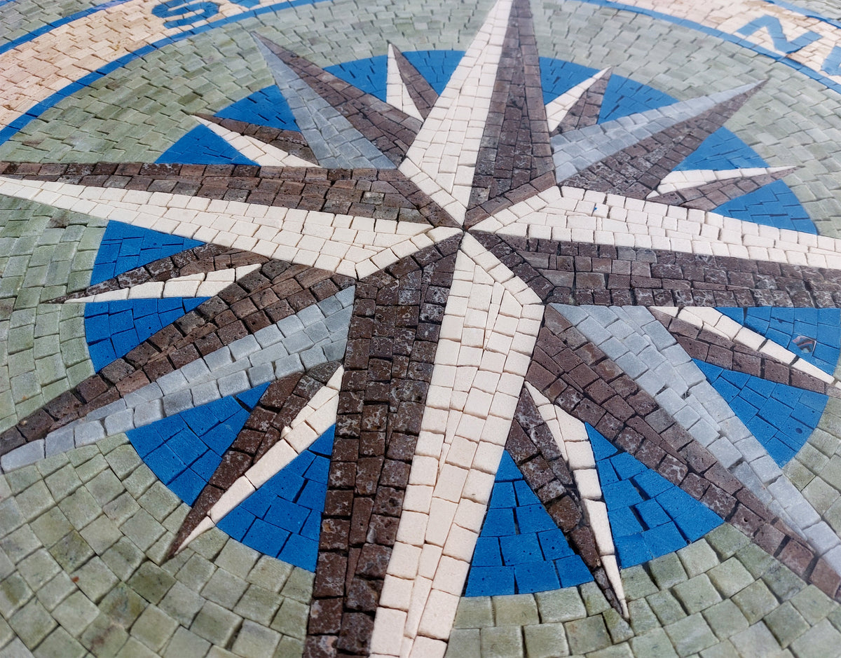 Handmade Compass Mosaic Tile: Nautical Wind Rose Medallion (36" Diameter)
