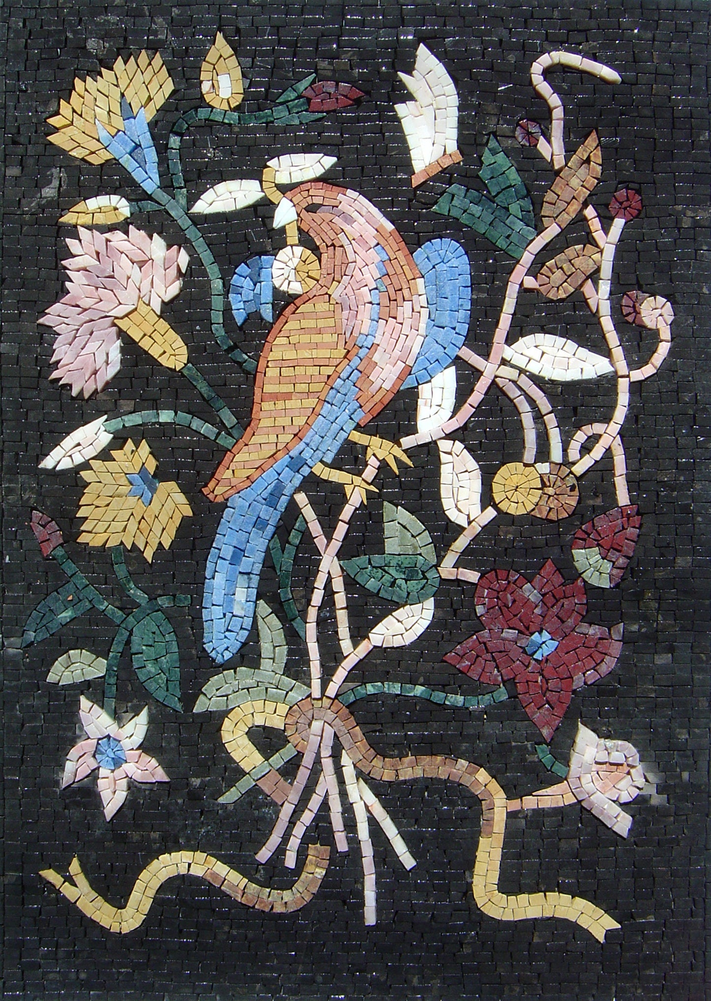 Handmade Bird Mosaic Tile Art: Floral Wall Decor (32x22)
