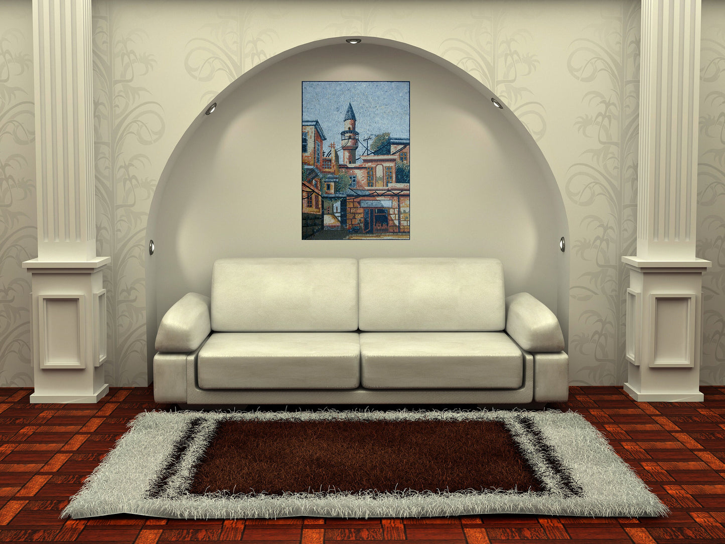 Handmade Marble Mosaic Tile: Damascus Old City Landscape (36” x 24”)