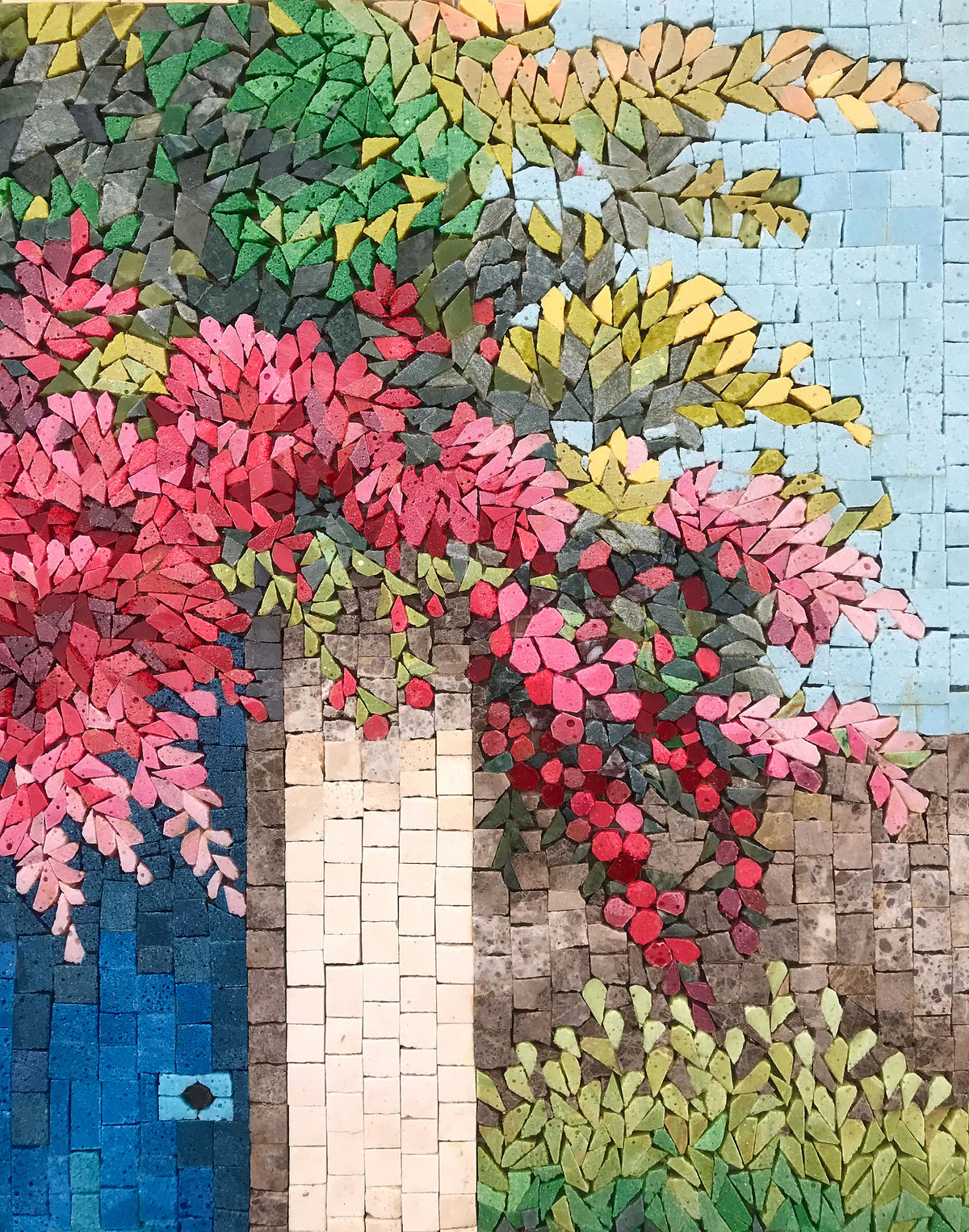 Botanical Mosaic Tile Art: Blue Door Garden Stone Wall Decor