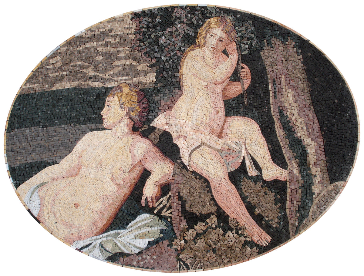 Handmade Marble Mosaic Mural: Two Girls Bathing