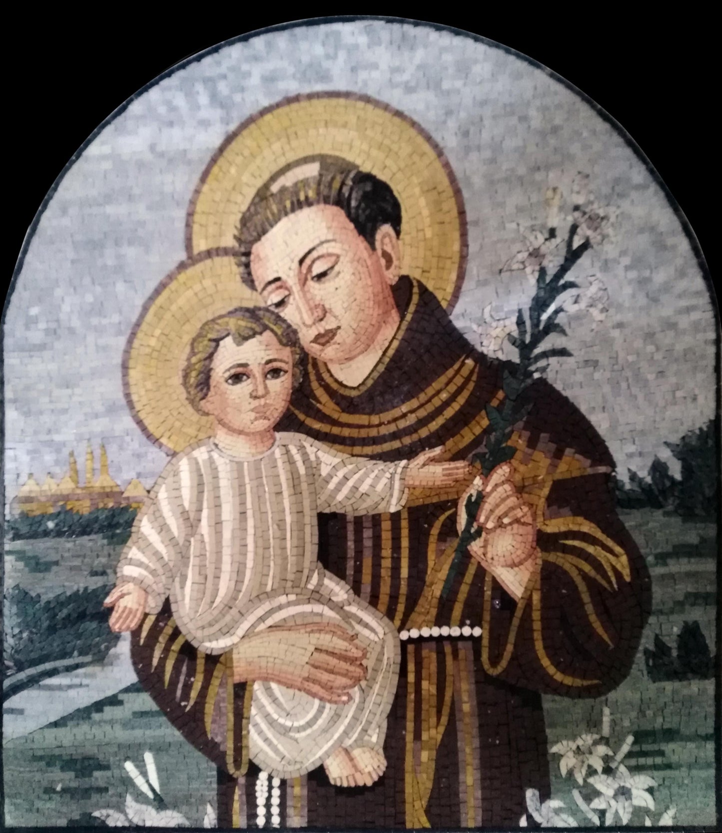 32"x38" Monk and Angelic Child Mosaic – Handmade Marble Tile Wall Art, Customization available