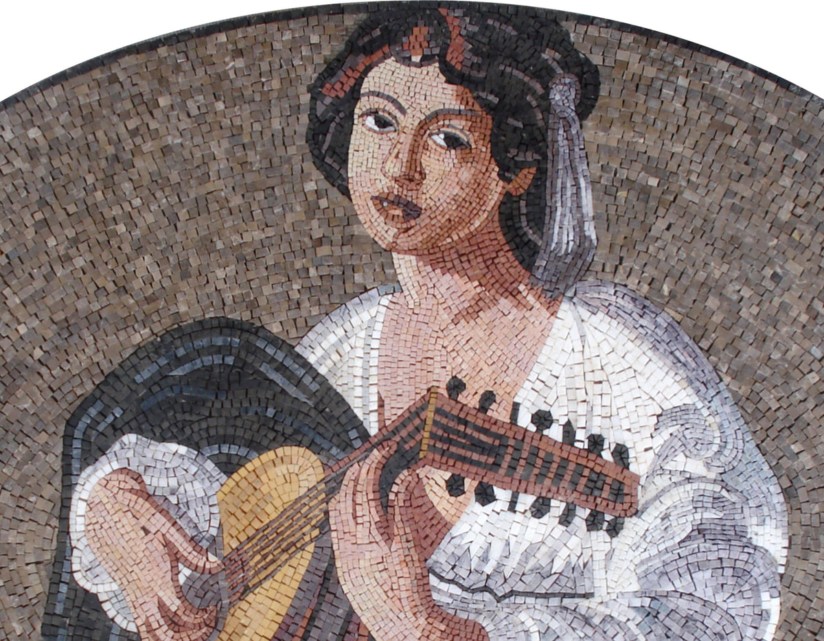 Handmade Marble Mosaic Mural: Girl Musician Playing Oud