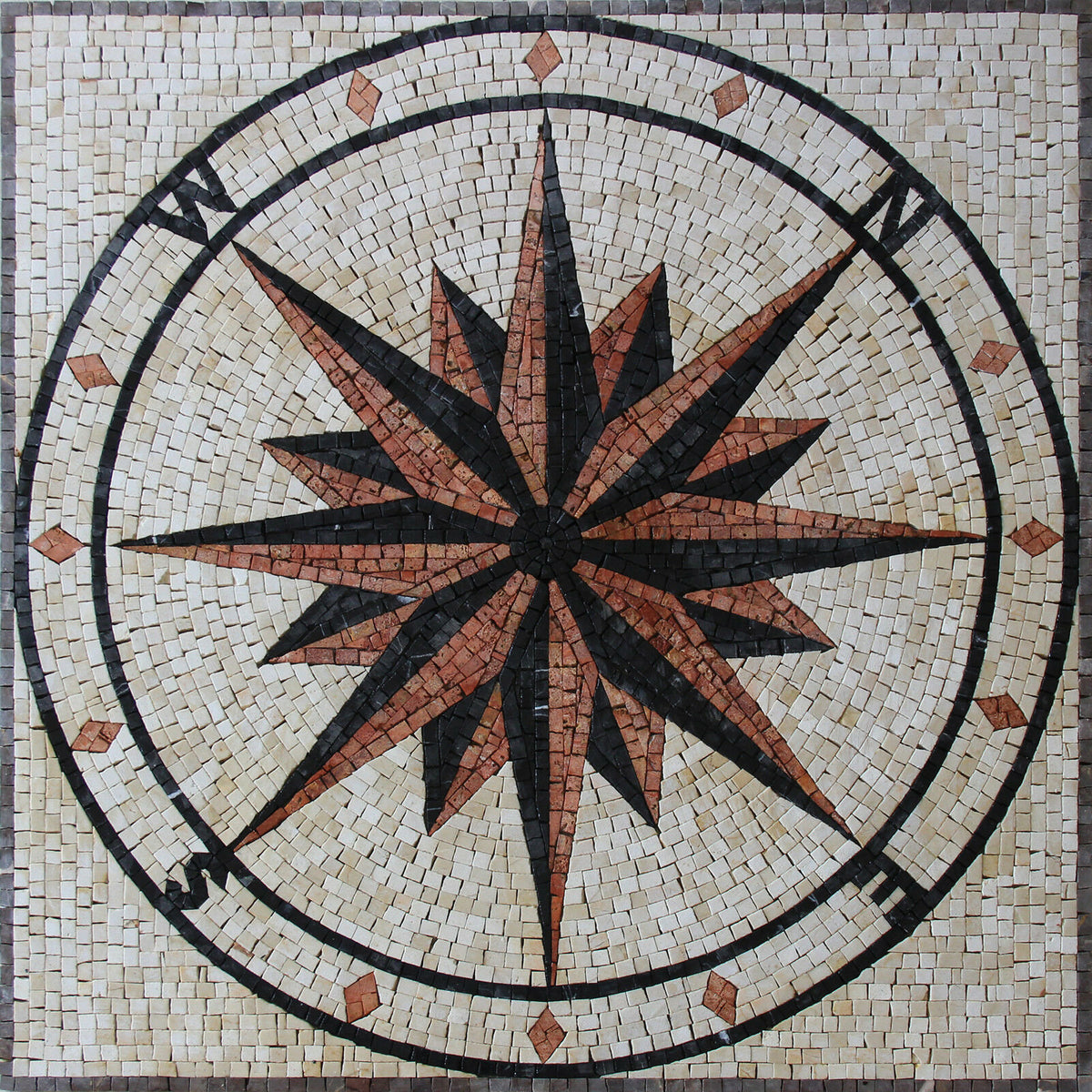36” Nautical Compass Mosaic Tile: Rose Backsplash, Indoor/Outdoor