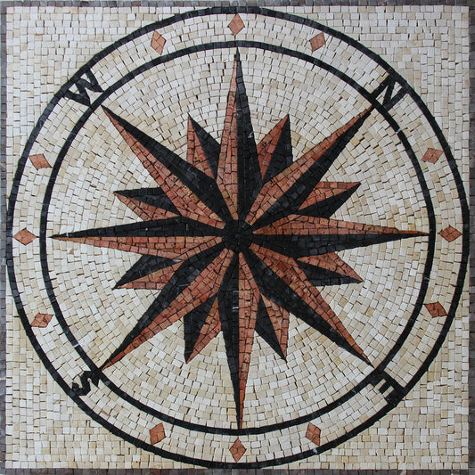 36” Nautical Compass Mosaic Tile: Rose Backsplash, Indoor/Outdoor