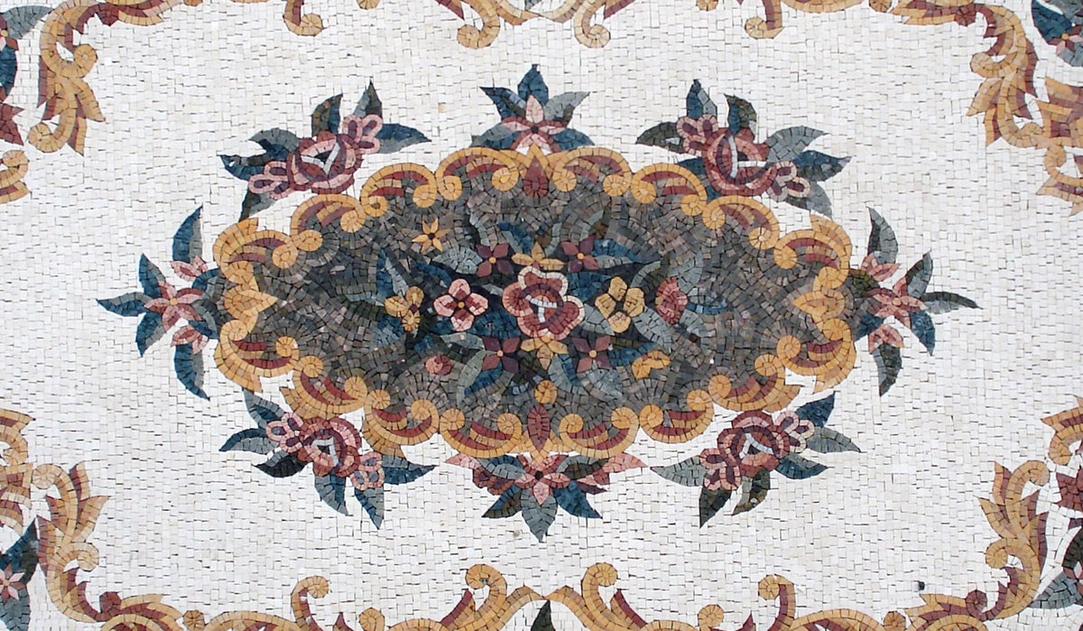 Floral Marble Mosaic Rug: Handmade Stone Art (104” x 60”)