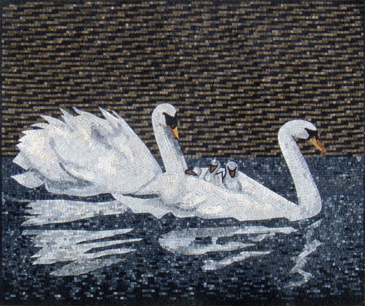 Handmade Swans Mosaic Tile Art: Family Swimming on Pond