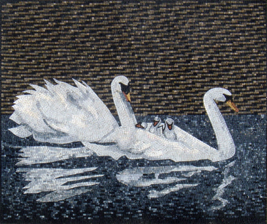 Handmade Swans Mosaic Tile Art: Family Swimming on Pond